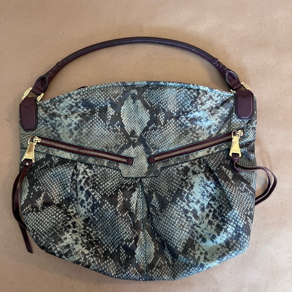 Aimee Kestenberg Teal Snake-Print Hobo with Brown Trim